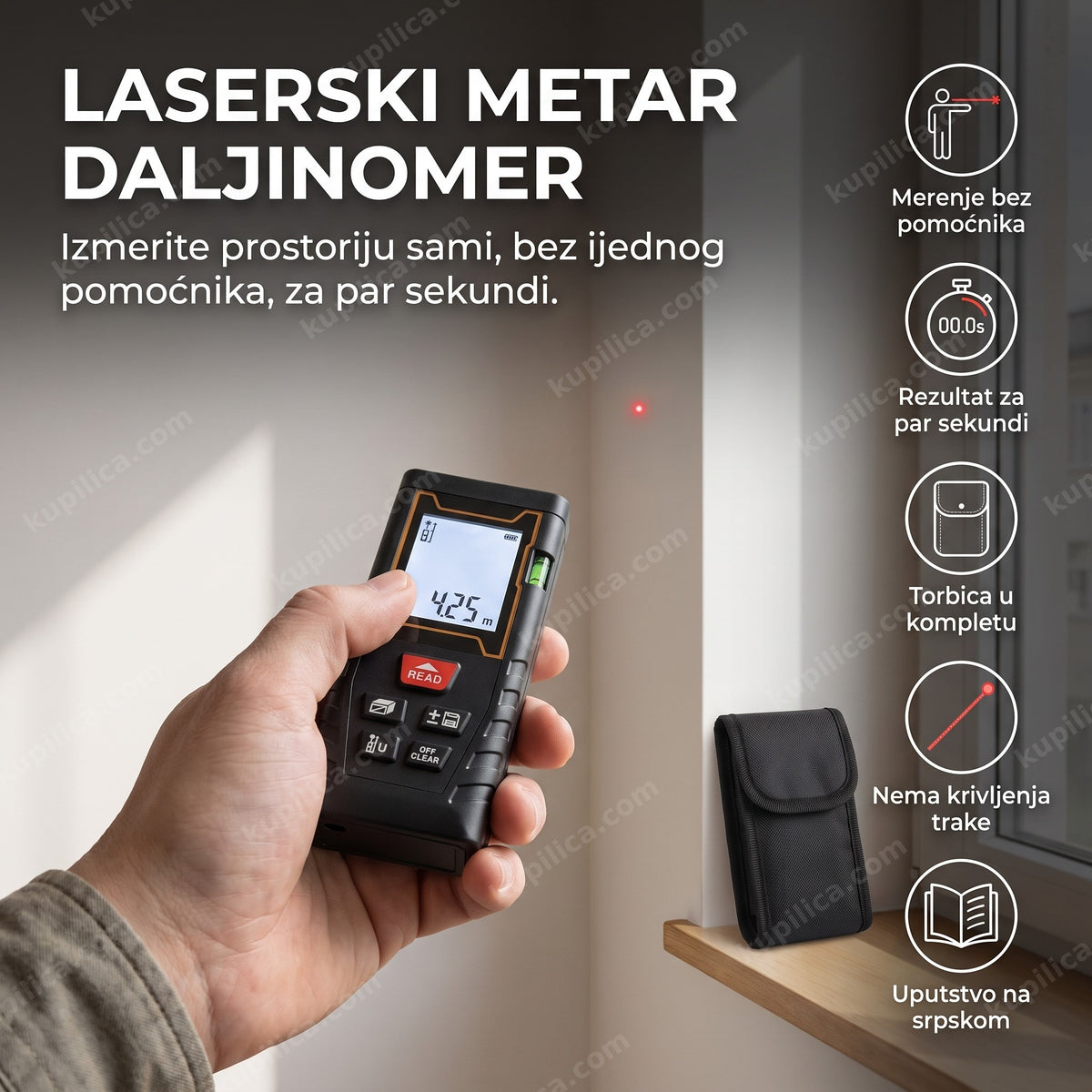 laserski metar daljinomer meri zid u stanu, displej pokazuje broj, benefiti proizvoda