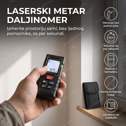 laserski metar daljinomer meri zid u stanu, displej pokazuje broj, benefiti proizvoda
