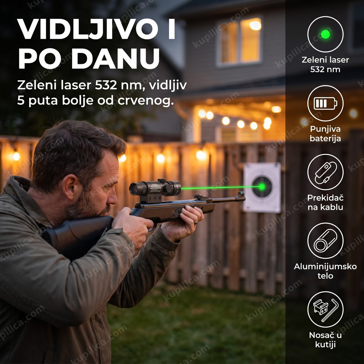 laserski taktički nišan zeleni laser — strelac gađa metu vazdušnom puškom sa montiranim zelenim laserskim nišanom