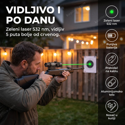 laserski taktički nišan zeleni laser — strelac gađa metu vazdušnom puškom sa montiranim zelenim laserskim nišanom