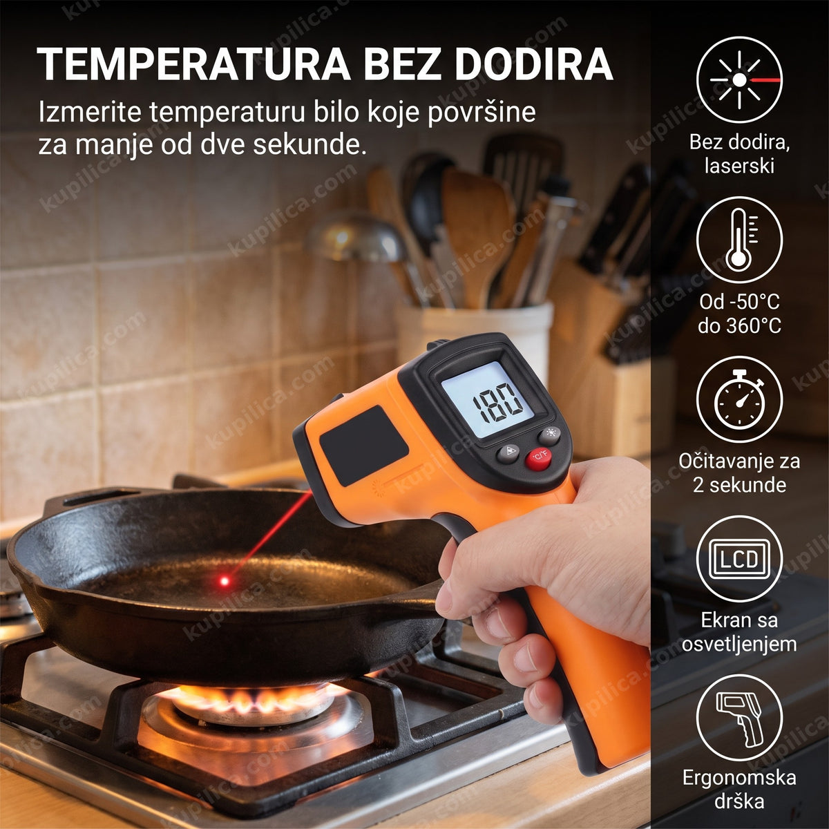 laserski termometar bezkontaktni meri temperaturu tiganja u kuhinji, benefiti proizvoda