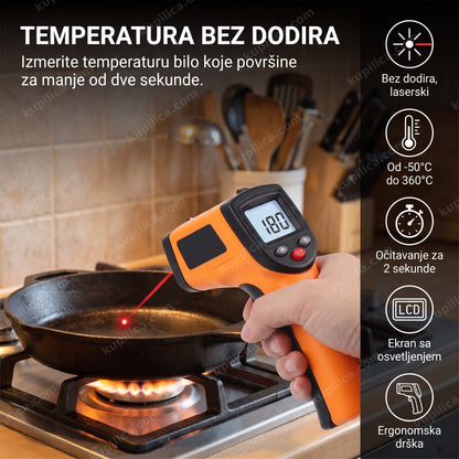 laserski termometar bezkontaktni meri temperaturu tiganja u kuhinji, benefiti proizvoda