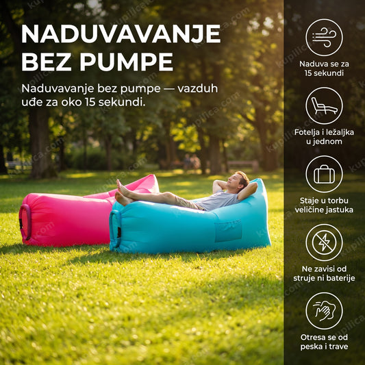 lazy bag ležaljka na naduvavanje korišćena u parku na travi, benefiti proizvoda