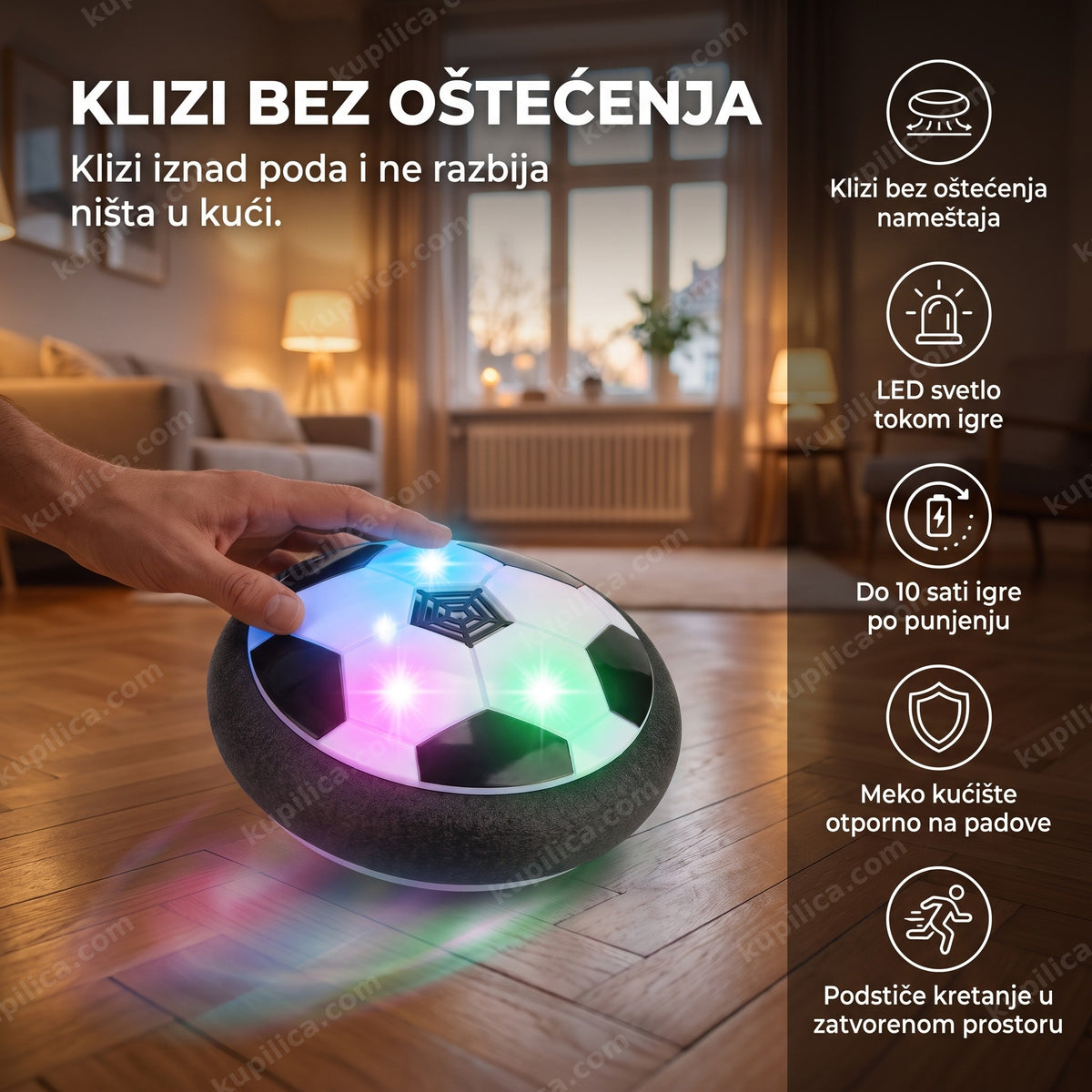 lebdeća lopta za decu sa led svetlima lebdi iznad parketa u dnevnoj sobi, benefiti proizvoda