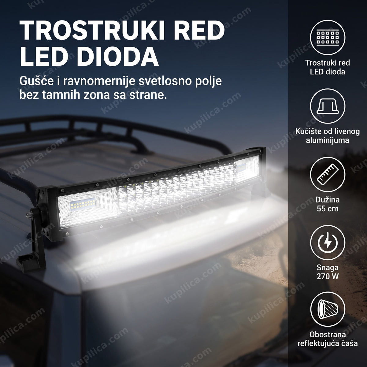 led bar radni far montiran na krovu terenskog vozila noću