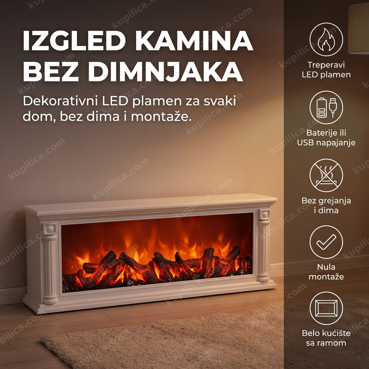 beli dekorativni led kamin sa efektom plamena na drvenom podu dnevne sobe