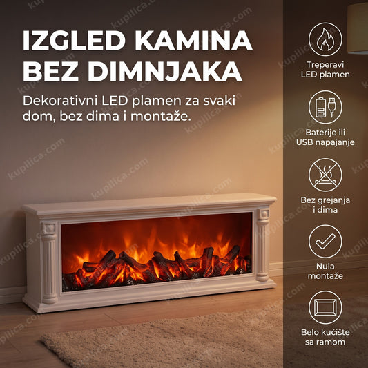 beli dekorativni led kamin sa efektom plamena na drvenom podu dnevne sobe