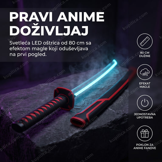 led katana sa maglenim efektom — svetleća oštrica sa dimom u mraku