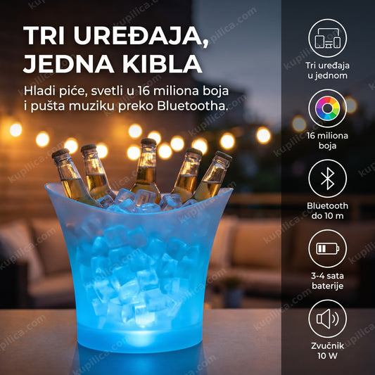 led kibla sa zvučnikom — osvetljena plava kibla sa flašama u ledu na terasi uveče, benefiti proizvoda