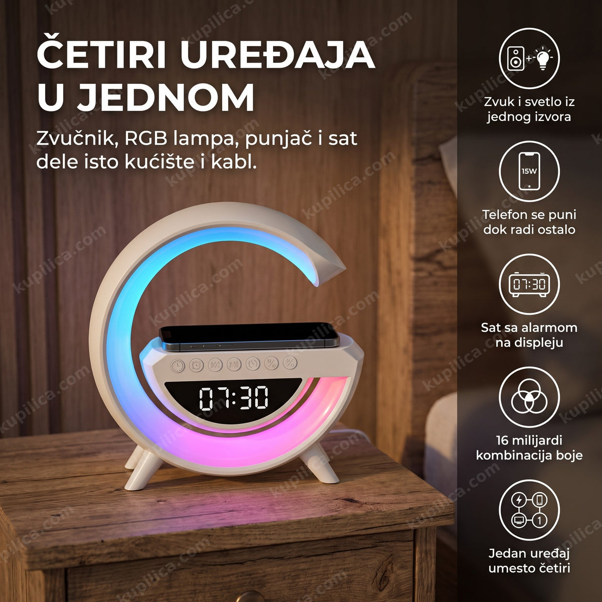 led lampa 6u1 sa bluetooth zvučnikom na noćnom stočiću uveče — benefiti proizvoda