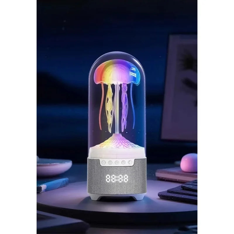 meduza lampa u duginim bojama sa digitalnim satom u mračnoj sobi