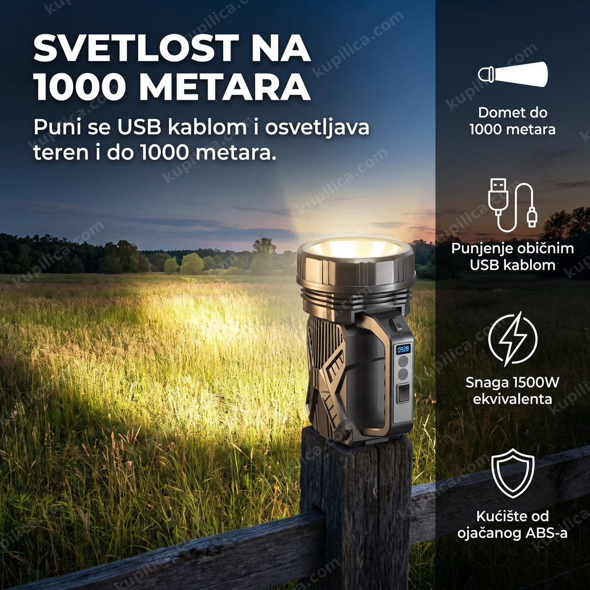 Led lampa reflektor osvetljava polje u sumrak, benefiti proizvoda