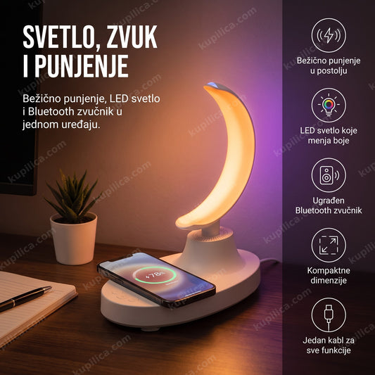 LED lampa sa bežičnim punjačem svetli na radnom stolu uveče dok se telefon puni, benefiti proizvoda