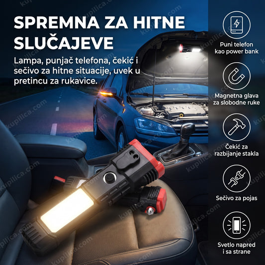 led lampa sa power bank i čekićem za auto — bezbedno prikazana pored parkiranog automobila noću, benefiti proizvoda