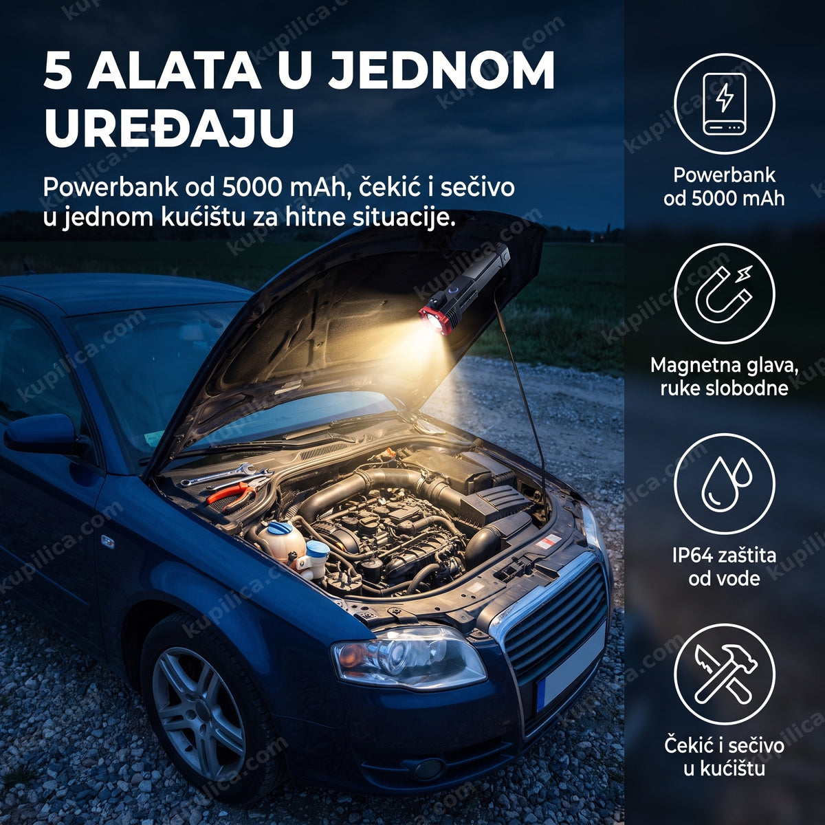 LED lampa sa powerbankom, čekićem i sečivom u kamp sceni noću, benefiti proizvoda
