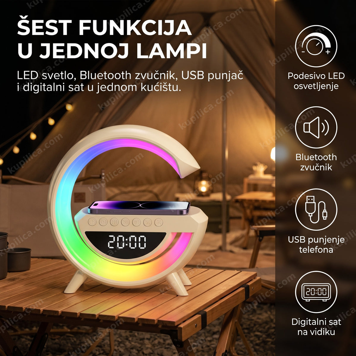 Bela G lampa sa LED svetlom i zvučnikom u kamp šatoru uveče, benefiti proizvoda