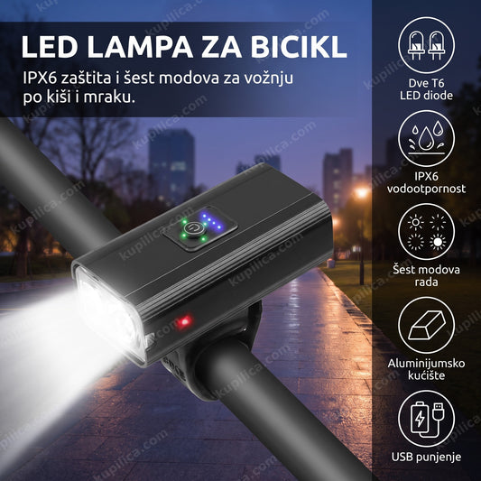 Crna LED lampa za bicikl osvetljava put u sumrak na upravljaču