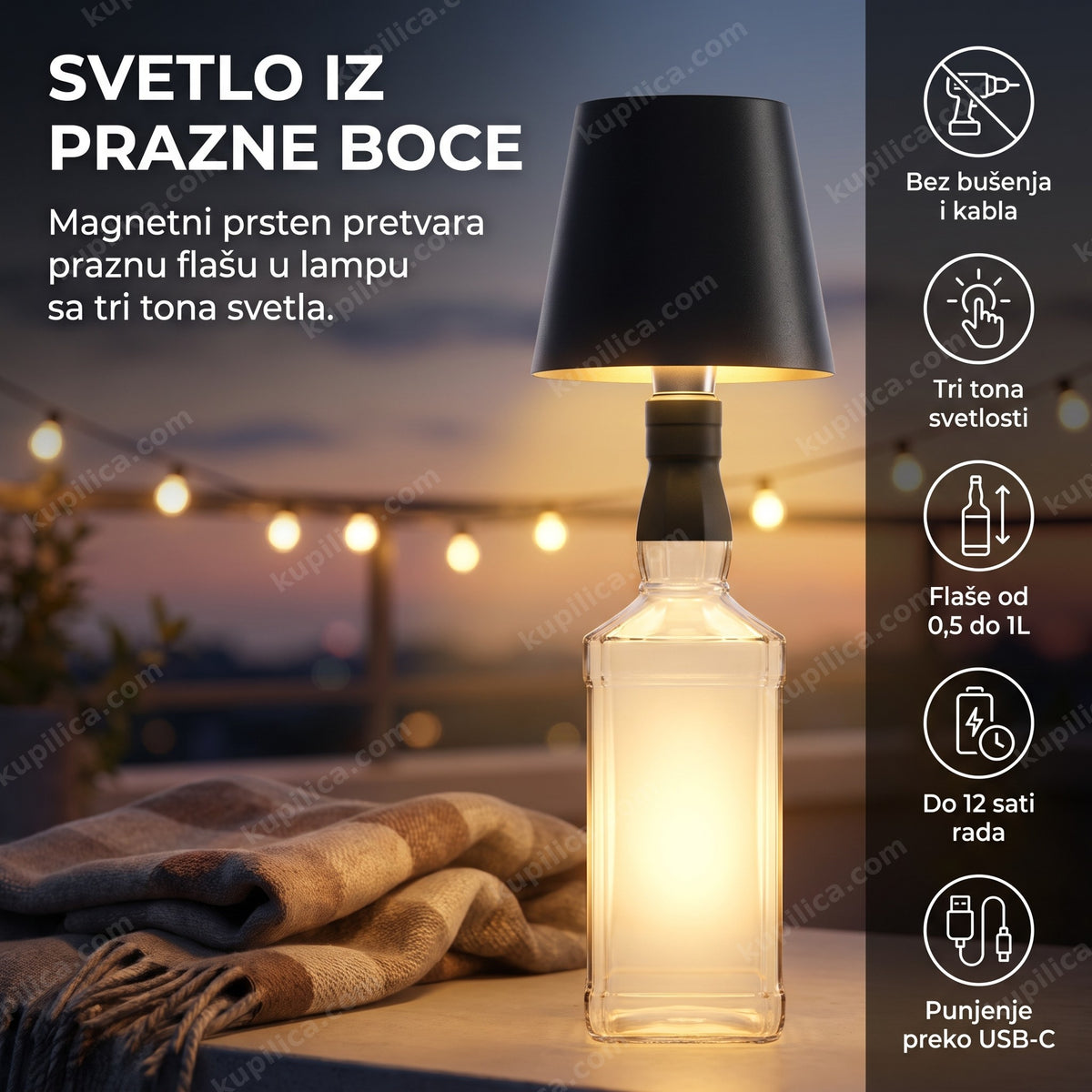prazna staklena flaša sa led lampom za bocu na terasi uveče, benefiti proizvoda