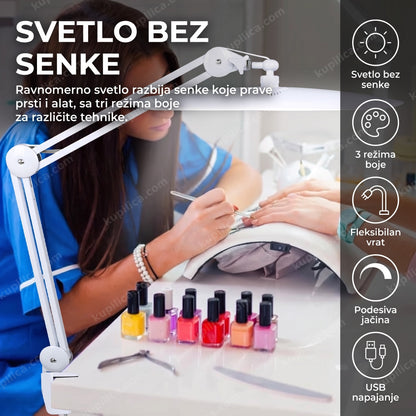 led lampa za manikir bez senke — manikirka radi na ruci klijentkinje za stolom, ravnomerno svetlo bez senke, tri režima boje