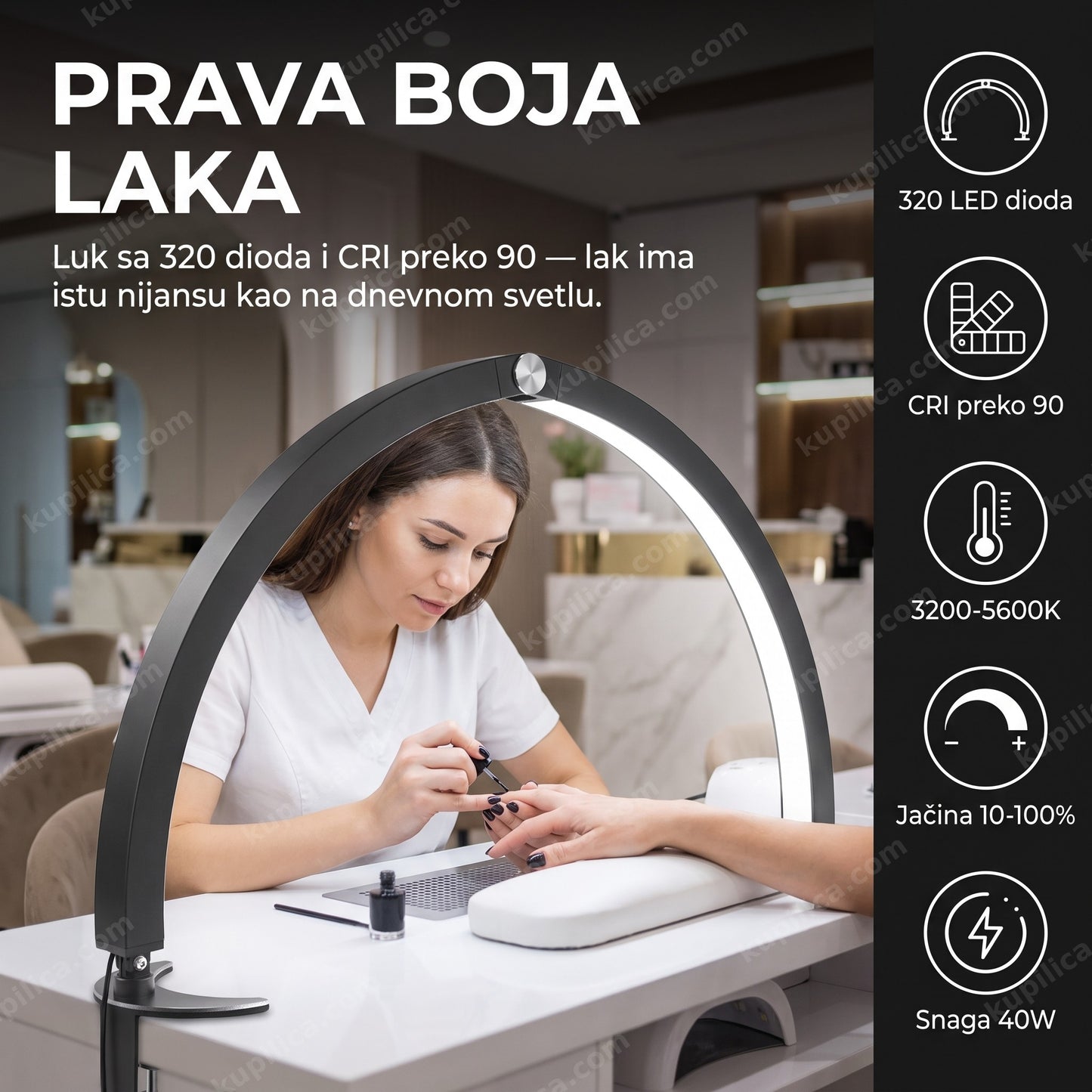 led lampa za manikir hd-m10x — manikirka radi ispod luka sa 320 led dioda iznad ruku, cri preko 90 za tačnu boju laka