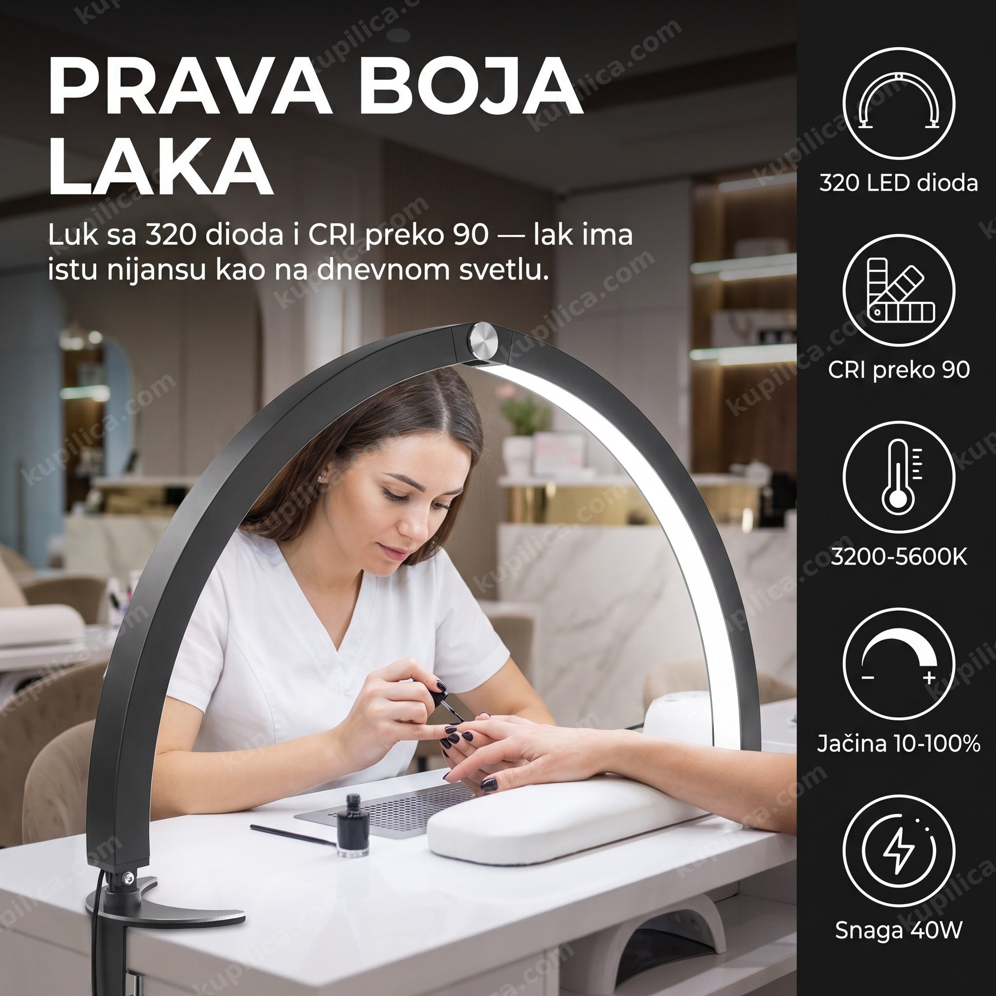 led lampa za manikir hd-m10x — manikirka radi ispod luka sa 320 led dioda iznad ruku, cri preko 90 za tačnu boju laka