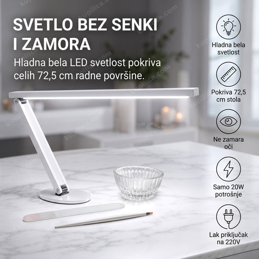 LED lampa za manikir sto — bela stona lampa sa hladnim svetlom na radnoj površini