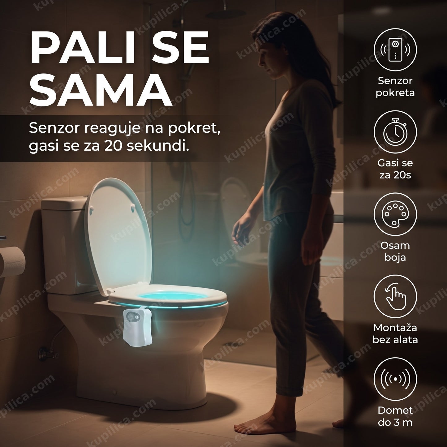 led lampa za wc šolju sa senzorom — osoba ulazi noću u kupatilo dok led lampa na senzor svetli na šolji
