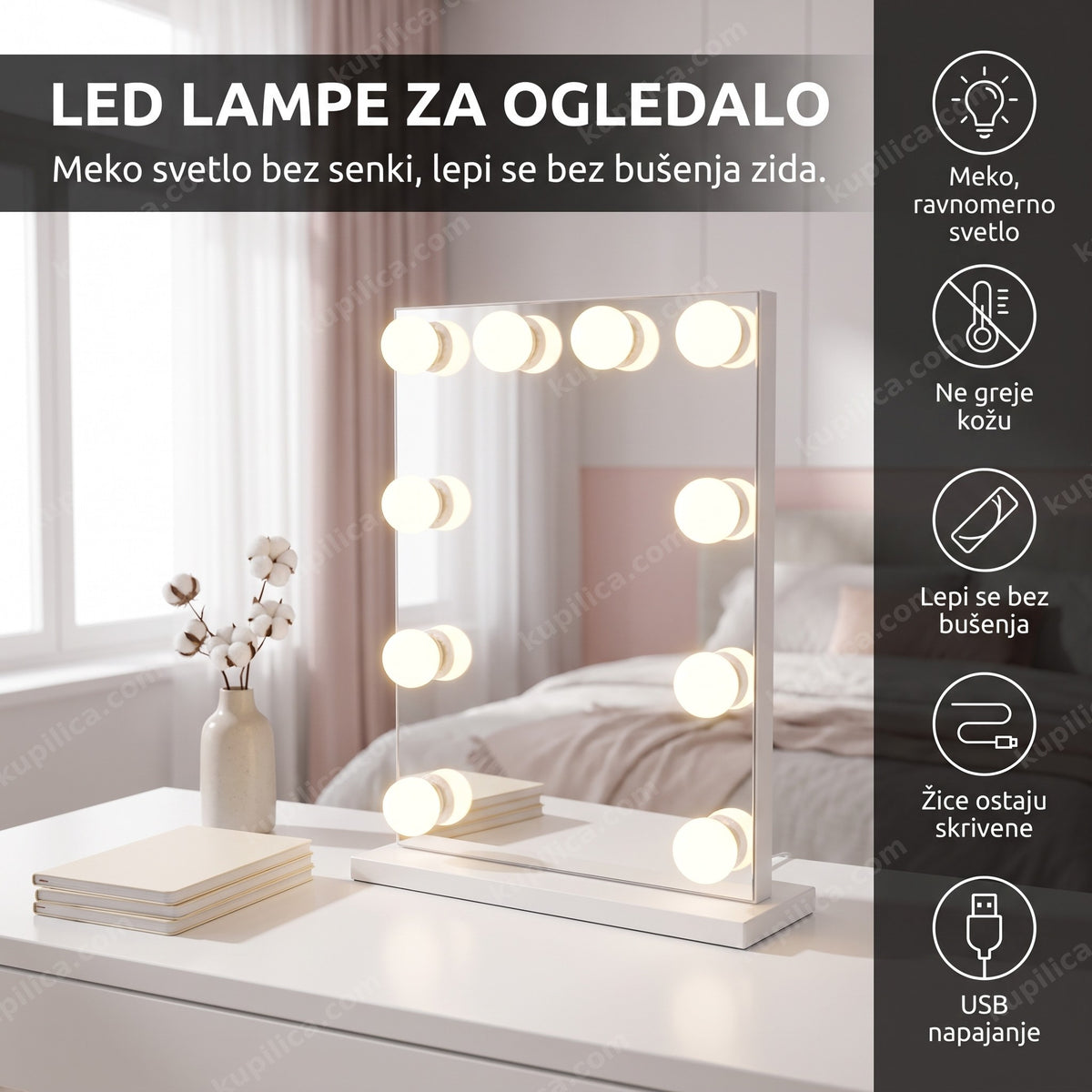 belo ogledalo sa led lampicama na toaletnom stočiću, prazan enterijer, benefiti proizvoda