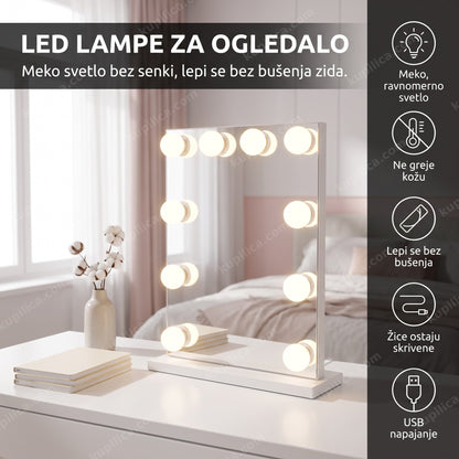 belo ogledalo sa led lampicama na toaletnom stočiću, prazan enterijer, benefiti proizvoda