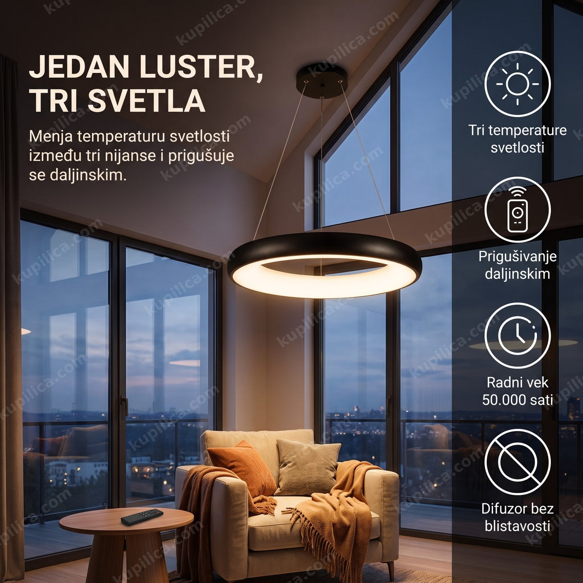 prstenasti led luster obešen iznad naslonjača u dnevnoj sobi visokog plafona, benefiti proizvoda