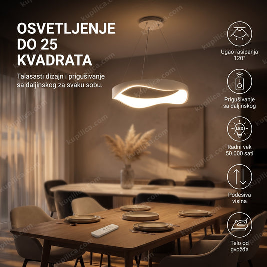 Beli LED luster talasastog oblika iznad stola u modernoj trpezariji