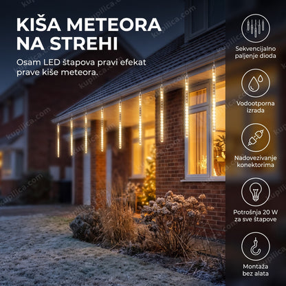 led meteorska kiša rasveta 8 štapova okačena na strehi kuće noću, benefiti proizvoda