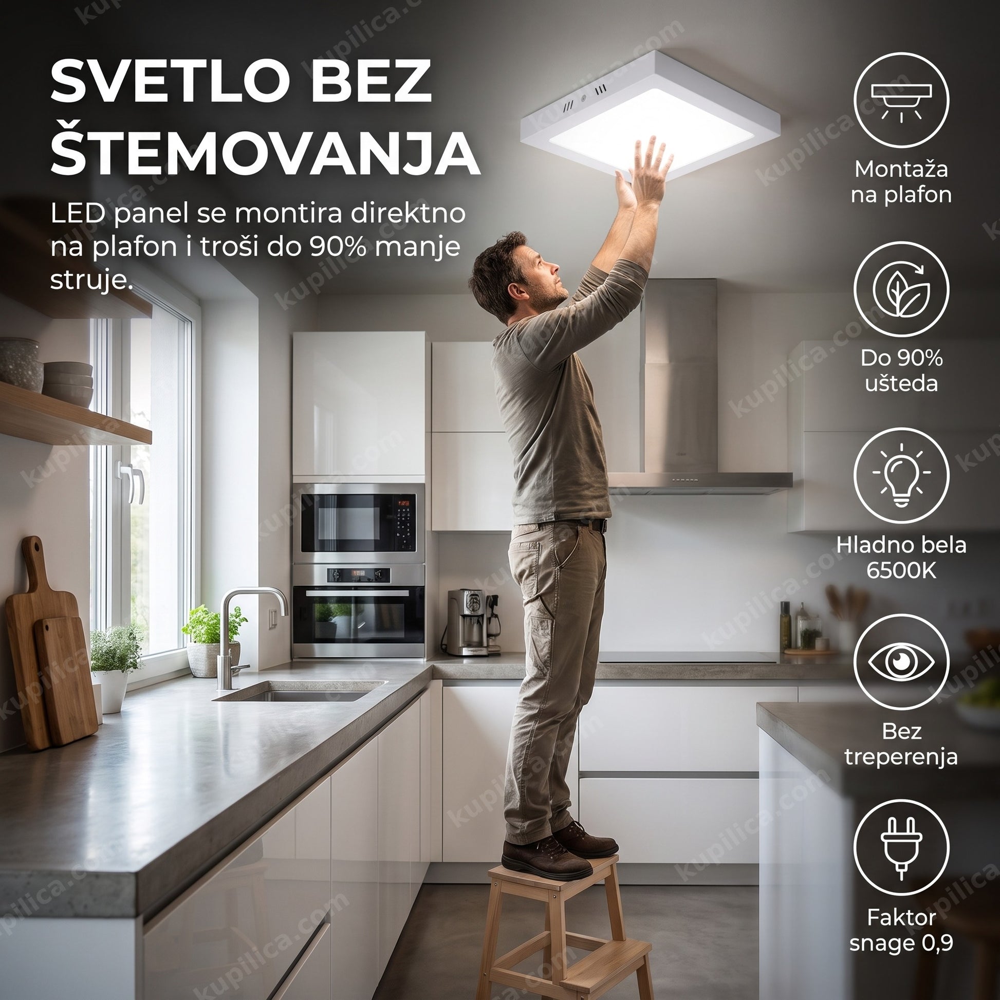 led nadgradni panel za plafon — muškarac montira svetlo u kuhinji, benefiti proizvoda