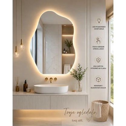 LED ogledalo asimetričnog oblika 52×72 cm sa pozadinskim osvetljenjem u kupatilu