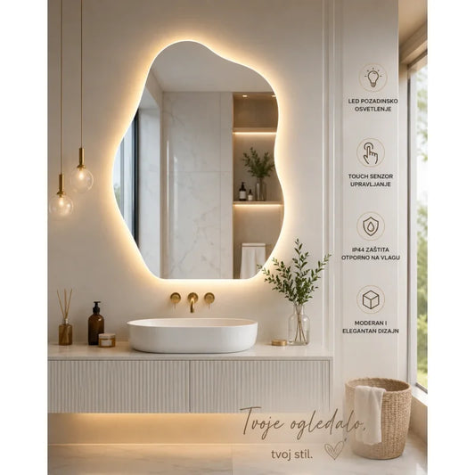 LED ogledalo asimetričnog oblika 52×72 cm sa pozadinskim osvetljenjem u kupatilu