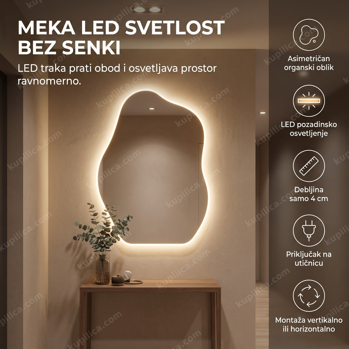 led ogledalo asimetričnog oblika sa pozadinskim osvetljenjem u hodniku