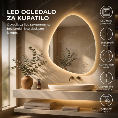 Asimetrično LED ogledalo iznad umivaonika u modernom kupatilu, prikaz benefita proizvoda