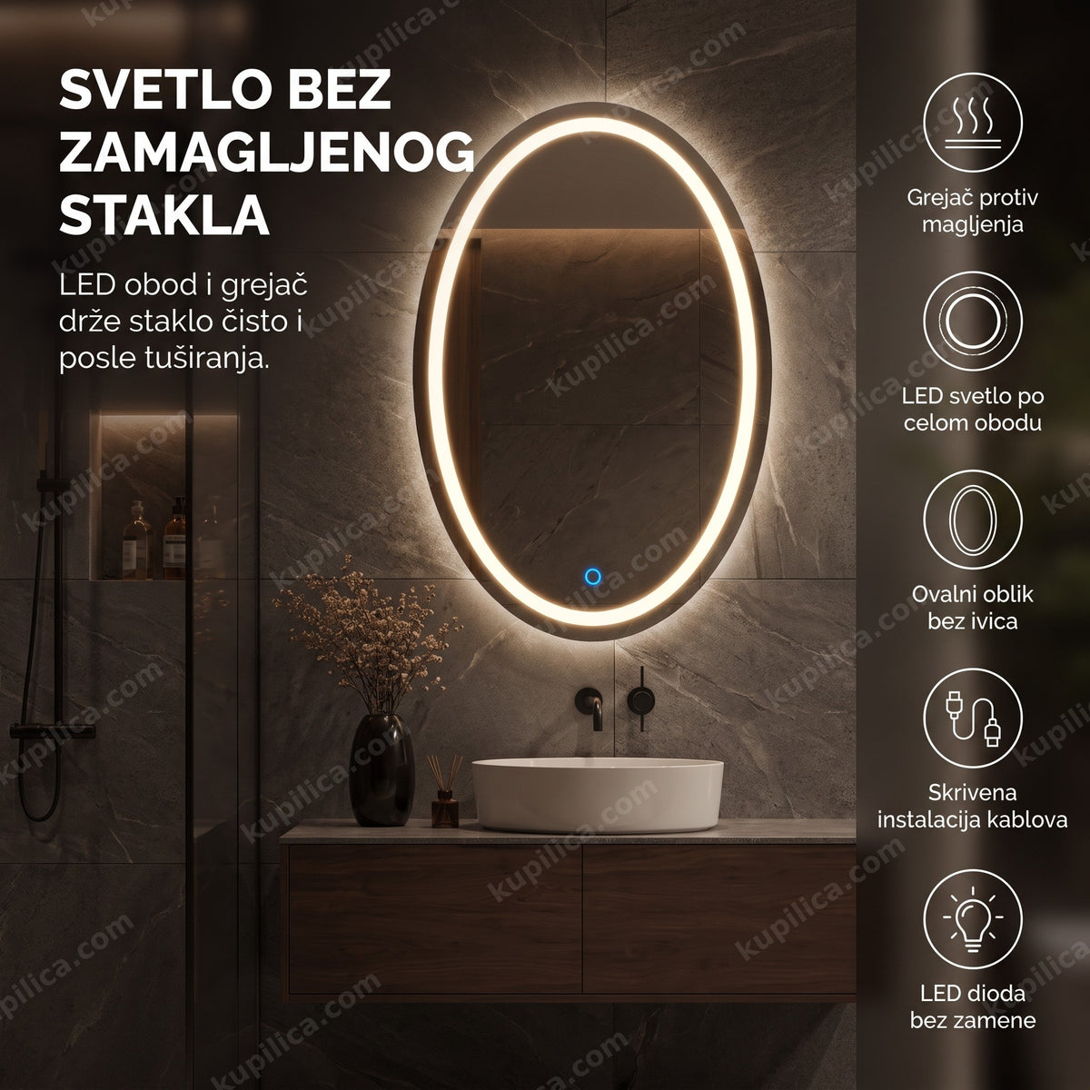 ovalno led ogledalo za kupatilo sa toplim osvetljenjem po obodu