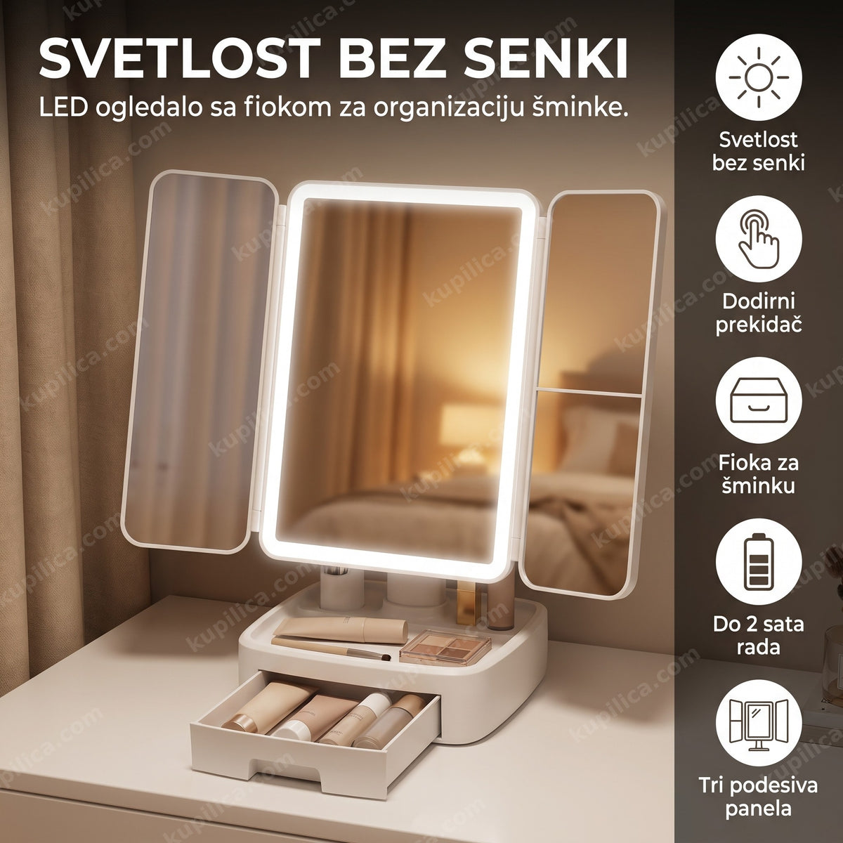 Trodelno LED ogledalo za šminkanje sa otvorenom fiokom, benefiti proizvoda