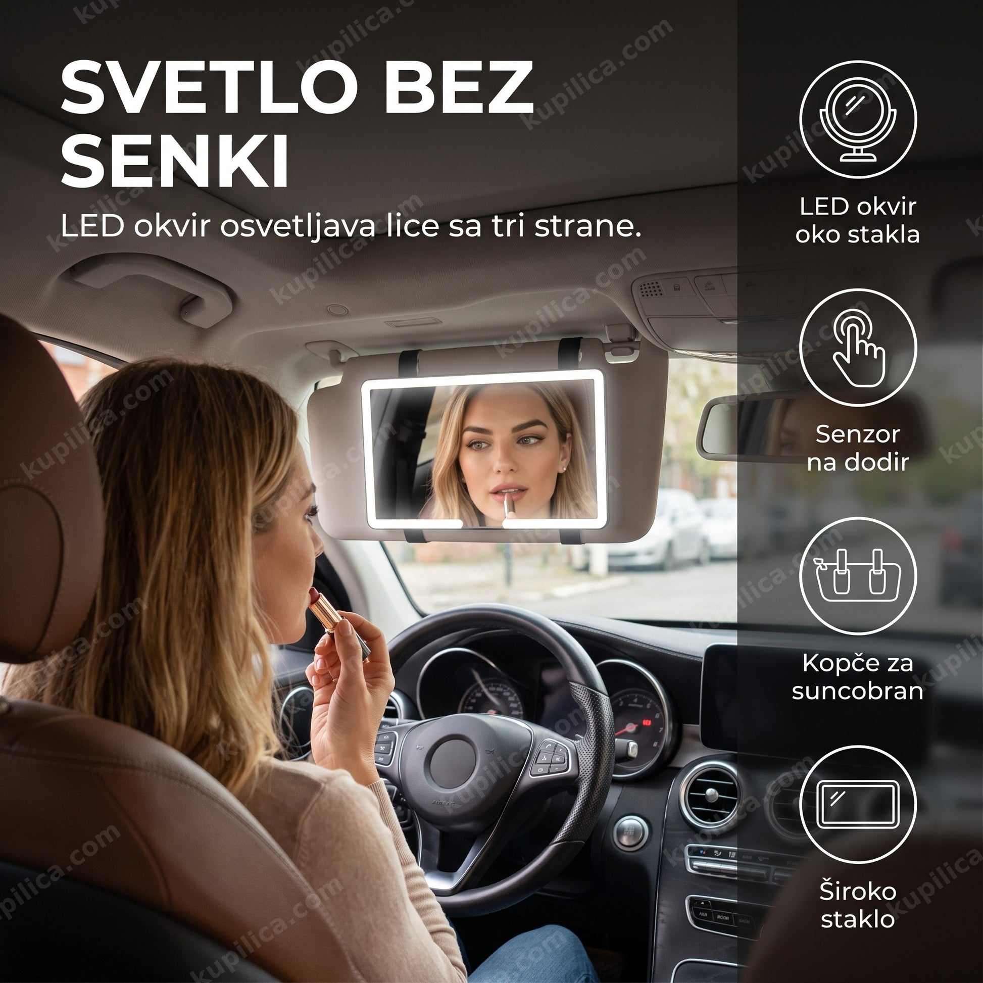 led ogledalo za šminkanje u autu — žena proverava šminku u osvetljenom ogledalu na suncobranu u parkiranom autu
