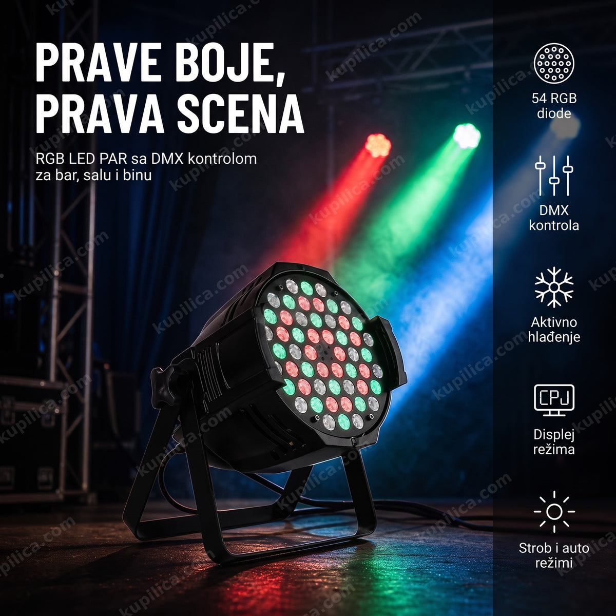 LED PAR rasveta RGB 54x3W na bini sa DMX kontrolom