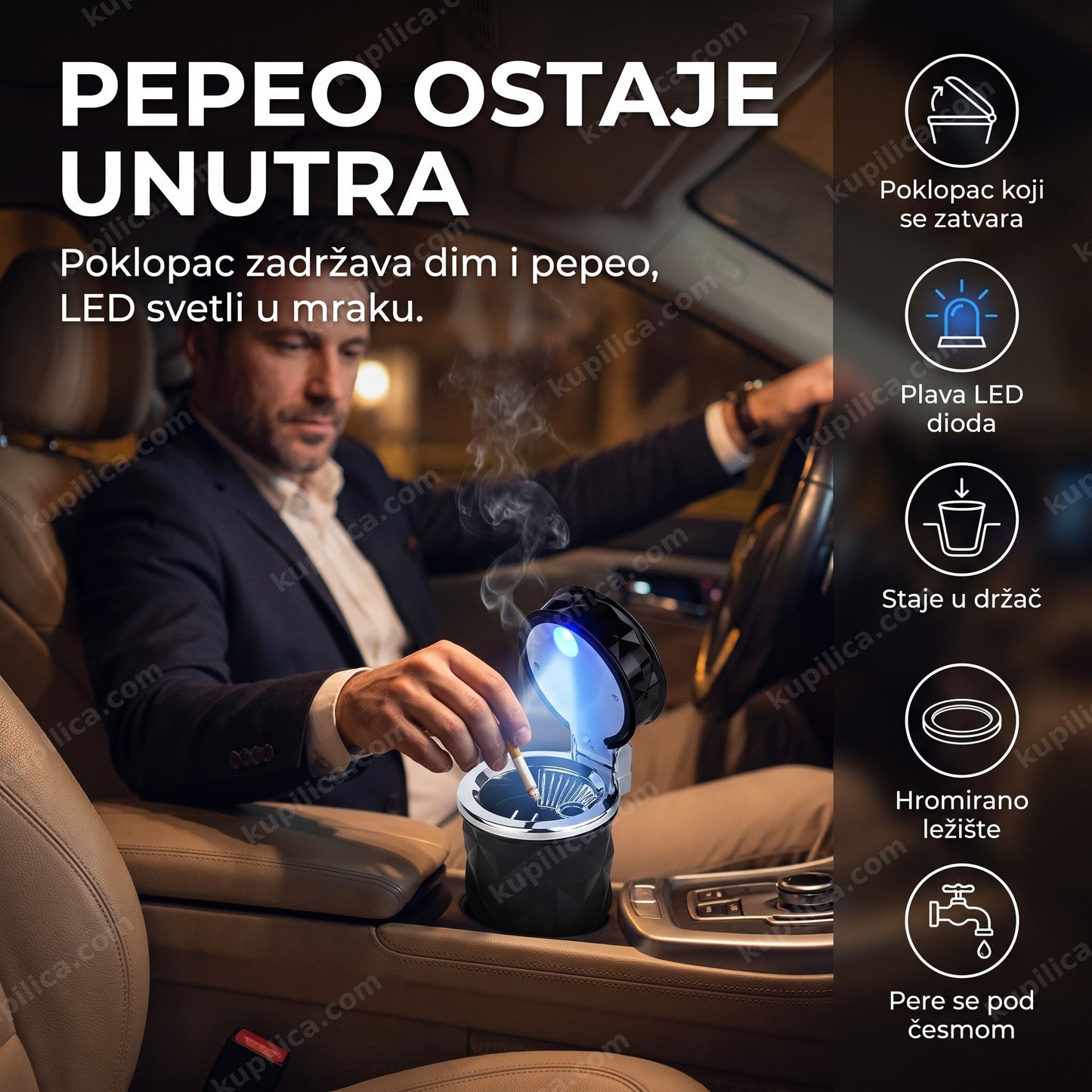 led pepeljara za auto sa poklopcem — vozač gasi cigaretu u led pepeljari sa poklopcem u držaču za čaše