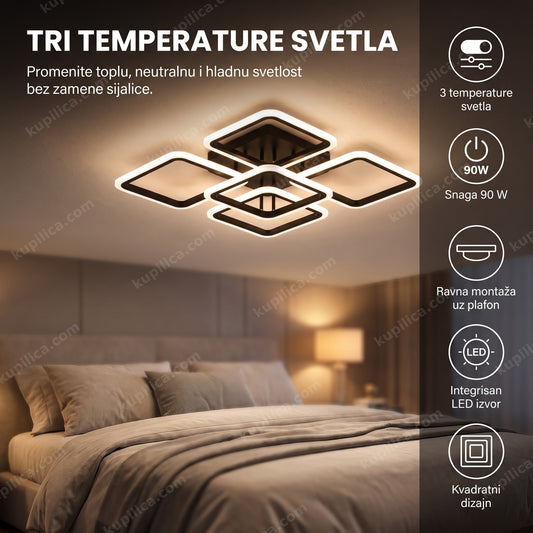 Kvadratna LED plafonjera sa tri temperature svetla iznad spavaće sobe