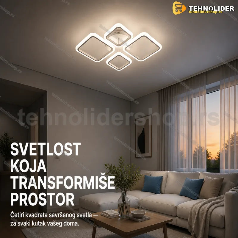 LED plafonjera sa četiri kvadrata na belom plafonu dnevne sobe