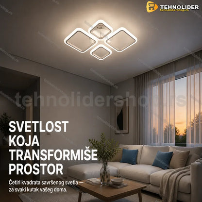 LED plafonjera sa četiri kvadrata na belom plafonu dnevne sobe