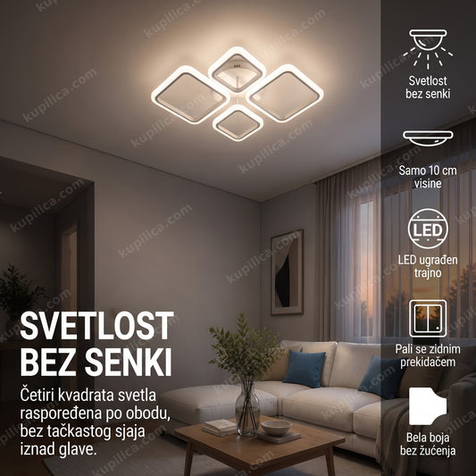 Bela LED plafonjera sa četiri kvadrata na plafonu dnevne sobe, benefiti proizvoda