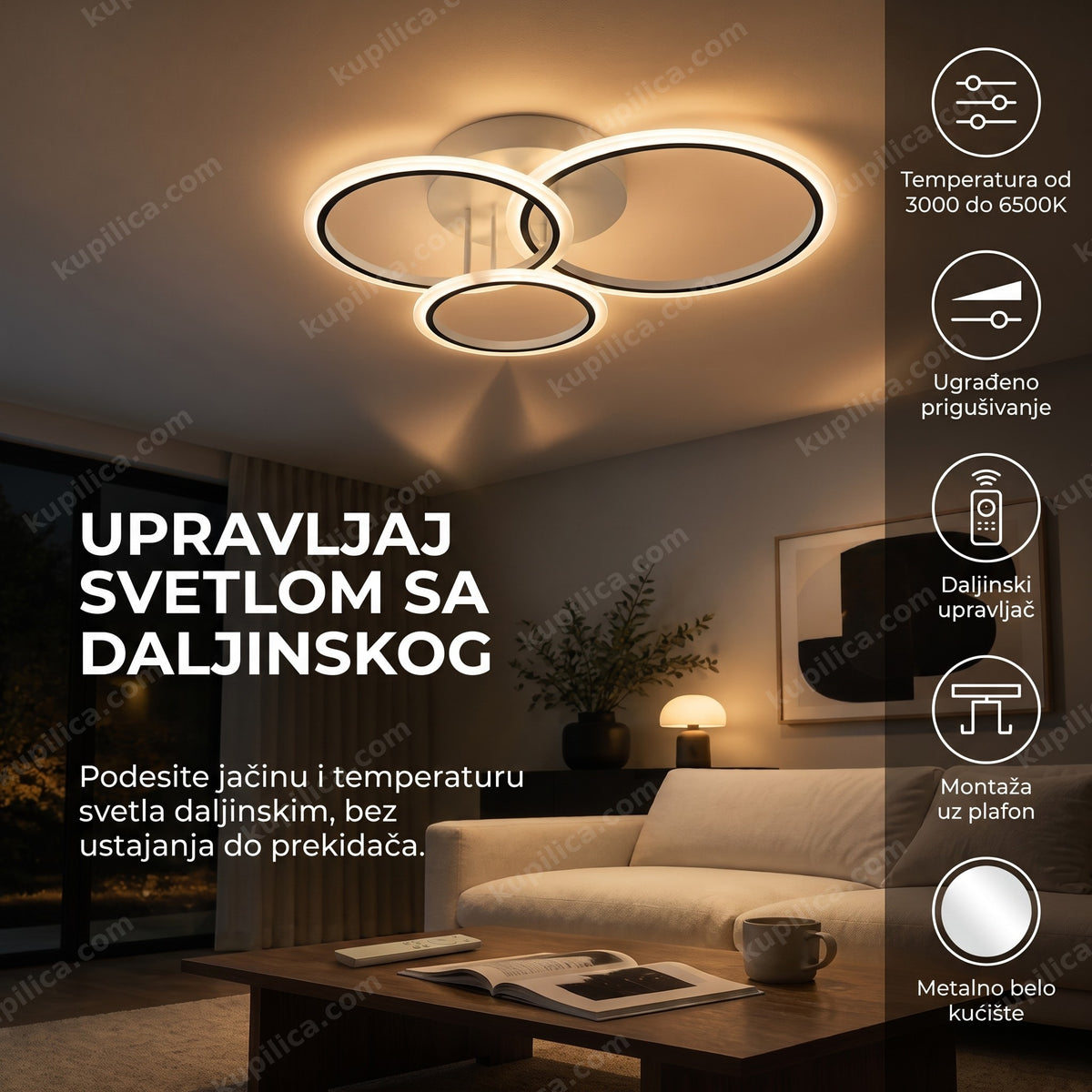 LED plafonjera sa daljinskim upravljačem osvetljava modernu dnevnu sobu, benefiti proizvoda