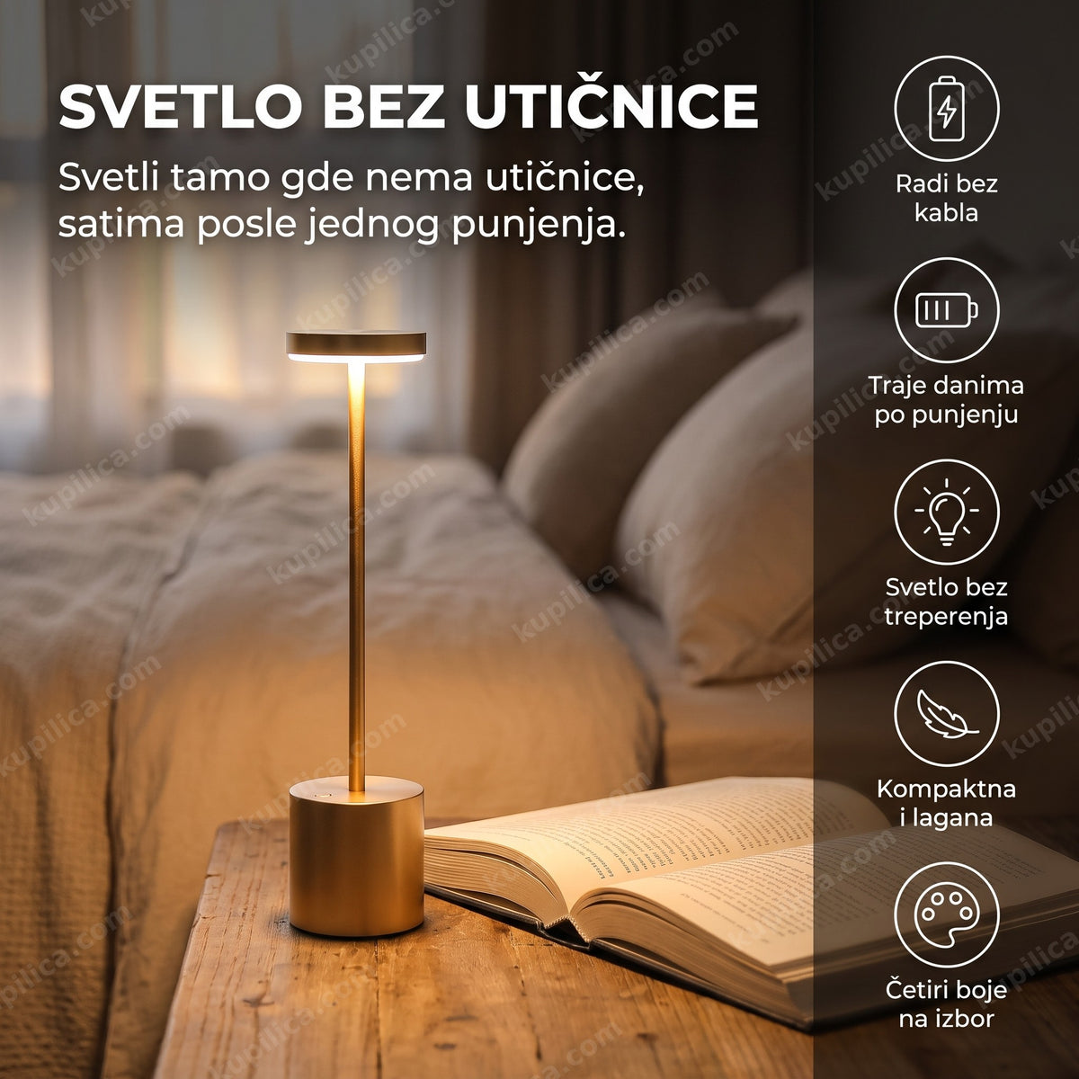 led prenosiva lampa za čitanje pored knjige na noćnom stočiću, benefiti proizvoda
