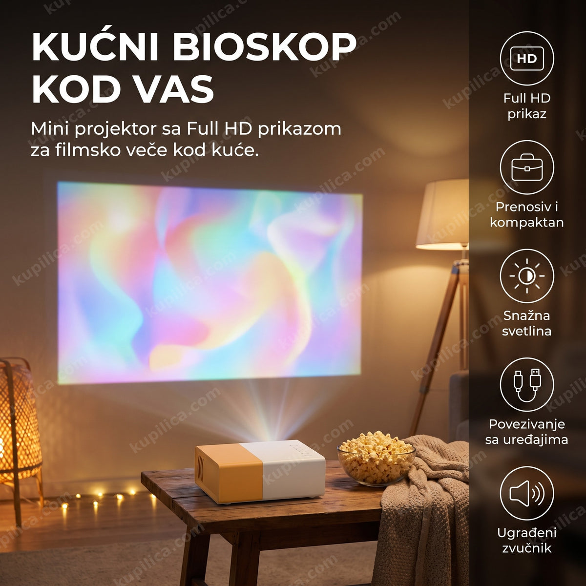 led projektor prikazuje filmsko veče u dnevnoj sobi, benefiti proizvoda