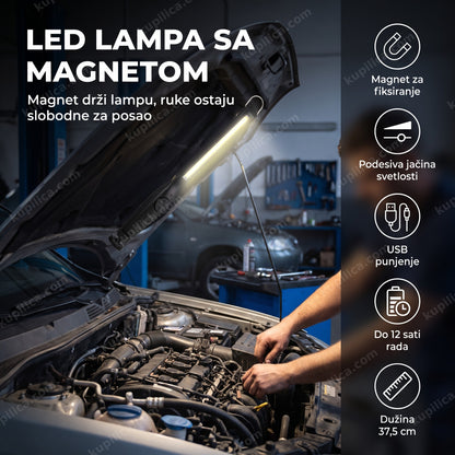 Radna LED lampa sa magnetom pričvršćena ispod haube automobila, prikaz benefita proizvoda